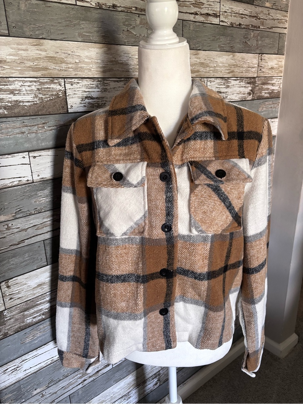 C+D+M Plaid Cozy Fall Streetwear Button Up Shirt Jacket Semi Cropped Womens L